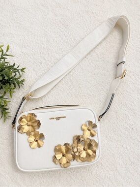 Karl Lagerfeld White Crossbody Bag with Gold Floral Appliqués